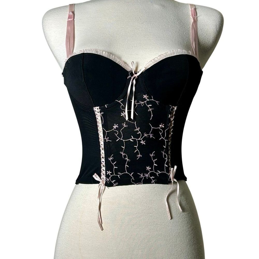 Y2K 90s Corset Top Bustier Black Pink Floral Embroidered Lace Ribbon S Vintage